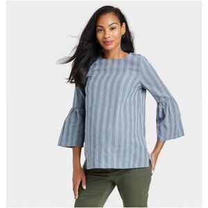 The Nines by HATCH Long Sleeve Tiered Maternity Blouse Light Blue Striped Large